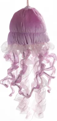 A plush jellyfish toy hanging against a white background.