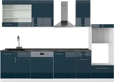 Immagine prodotto di Cucina componibile Vicco Fame-Line Blu scuro lucido/bianco 300 cm con armadio alto, PL Antracite, Model 49019
