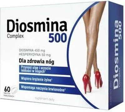 A product box for Diosmina Complex 500, featuring an image of a woman's legs in high heels.