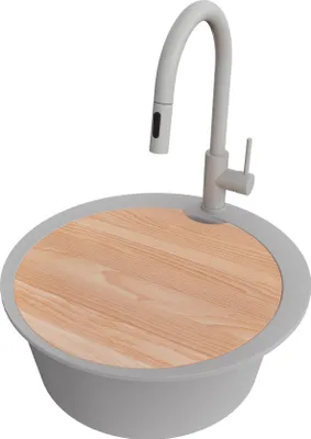 Produktbild von PRIMAGRAN Granitspüle Grau 53x53cm, Spülbecken Rund 1 Becken + Küchenarmatur 40x20cm + Ablauf-Set + Schneidebrett, Küchenspüle ab 50er Unterschrank - Pisa Max