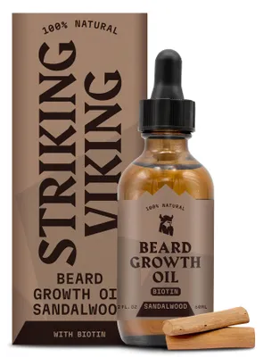 Produktbild von Striking Viking Bartöl mit Biotin für Männer, leichtes Öl zur Bartpflege mit Argan-, Jojoba- und Sheaöl, 59 ml, Duft Sandalwood