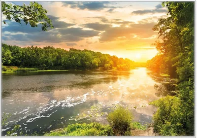 Produktbild von Wallario Wandbild Sonnenuntergang am Fluss in grüner Umgebung, Größe: 70,30 x 100,30 cm, Poster mit weißem Kunststoffrahmen