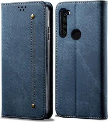 A blue flip-style phone case for a Redmi Note 8 is shown from the front and back.