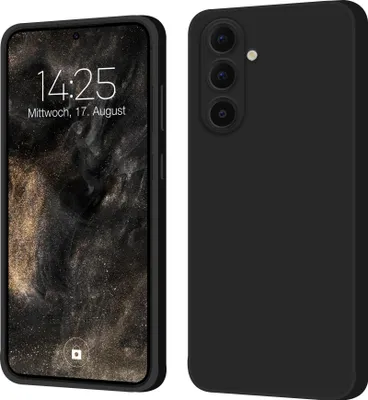 A black phone case is shown next to a smartphone displaying the time and date.