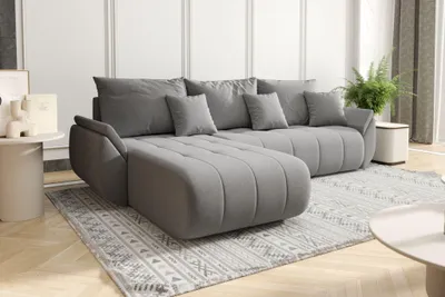 Image de Canapé d'angle avec fonction sommeil et coffre de lit TOKYO, tissu WIND, gris, gauche