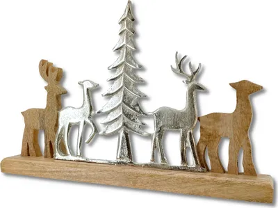 Produktbild von Mango-Holz und Metall Figur Reh-Familie und Tannenbaum braun silber 38 x 25cm Dekofigur Wald-Deko Tisch Dekoration