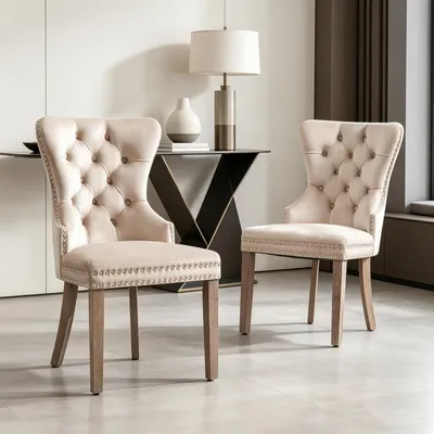 Productafbeelding van INONEFT 2 eetkamerstoelen, keukenstoelen, gestoffeerde stoelen met hoge rugleuning en nagelkopsdecoratie, fluweel beklede zitting, poten van massief hout, beige kleur