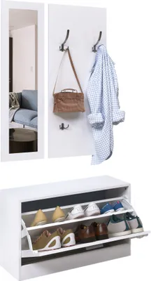 Produktbild von HOMCOM Eingangsbereich, Flur, M?bel-Set, 3-teilig, Schuhregal, Spiegel, Garderobe mit 4 Haken zum Aufh?ngen von Kleidung, 80 x 27 x 46,5 cm, Wei?