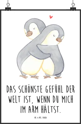 Produktbild von Mr. & Mrs. Panda Bild Pinguine Kuscheln DIN A2 - Weiß - Geschenk, Liebesbeweis, Posterdruck, Freund, für Frauen, drucke, Hochzeitstag, Valentinstag, wanddeko, Plakat