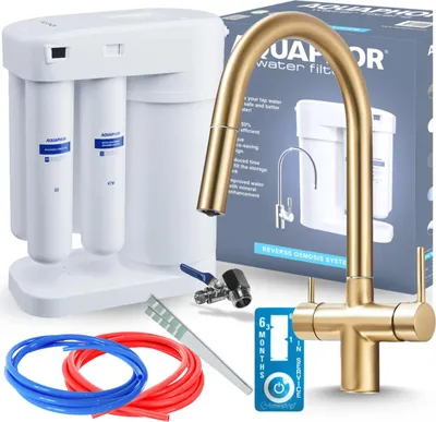 Obrázek produktu pro Filtr na vodu Aquaphor Morion pod dřez, reverzní osmóza, 5 l zásobník, baterie kuchyňská 3 cestná, zlatá