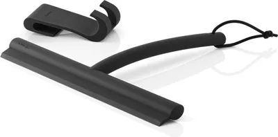 A black shower squeegee and its holder are displayed on a white background.