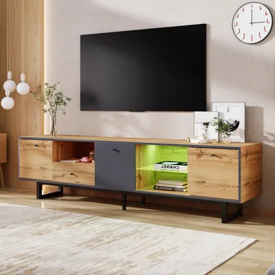 Image de Fortuna Lai Armoire TV, TV Lowboard avec tiroirs et LED, Table TV moderne avec espace de rangement, Table TV pour le salon et la salle à manger, couleur bois & noir, 190 x 40 x 50 cm