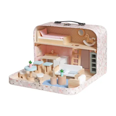 Produktbild von Tragbares Puppenhaus im Koffer Rosa mit Holzmöbeln & Zubehör