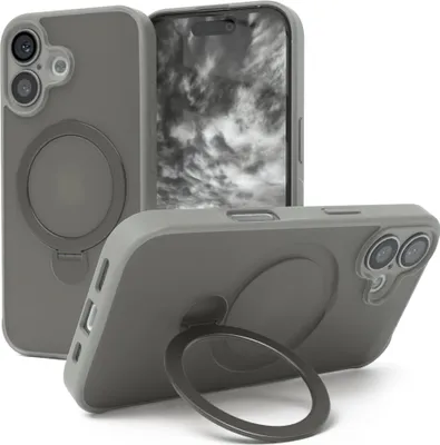 Produktbild von EAZY CASE - MagSafe Handyhülle für Apple iPhone 16, Ring zum Aufstellen, 360° drehbar, Magsafe Silikonhülle zum Aufstellen, stoßfest Cover in Grau