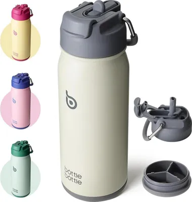 Image de Gourde en acier inoxydable avec paille pour enfants - sans BPA - 16oz - Gris