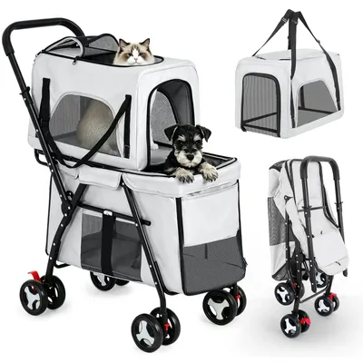Immagine prodotto di Carrello 4-in-1 per animali domestici - Passeggino per cani e gatti - A due piani - Fino a 16 kg - Pieghevole - Tessuto Oxford, struttura in metallo - Ideale per cani e gatti di piccola taglia - Grigio