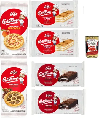 Produktbild von Lago 1968, Le Merende di Gastone Testpaket, Törtchen und schokolade kuchen, einzeln verpackt, , Kindersnack ohne Palmöl 6 stuck+ Italian Gourmet polpa 400g