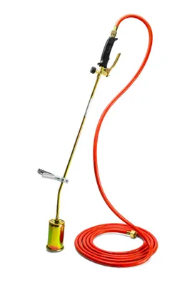 A gas torch with a hose and a stand, isolated on a white background.