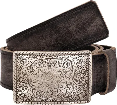 Produktbild von Gürtel K136 Braun Trachtenlook für Lederhose mit silberfarbener, gerader und eckiger Schnalle