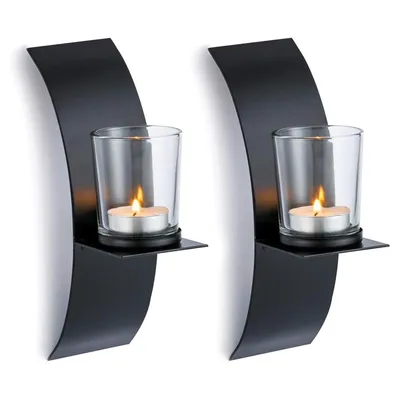 Produktbild von Kerzenständer, 2 Stück Kerzenhalter Wand Schwarz Metall Teelichthalter Kreative Deko, Kerzenständer, Mit 2 Gläsern, 20,5x6cm