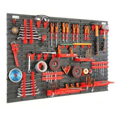 Produktbild von Werkzeugwand Wandregal mit 116x78cm Abmessungen 60 tlg. Set im Schwarz/Rot Werkzeughalter Werkstattregal aus Kunststoff Lagersystem Schüttenregal
