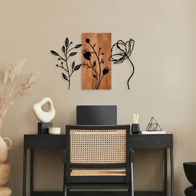 Obrázok produktu pre Wallity, Triple Flowers - 383, dekorácia na stenu, orech, kov, 58 x 86 cm