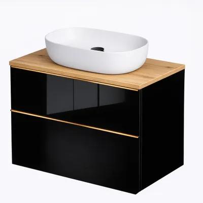 Produktbild von Waschtisch mit Unterschrank ONE 2 Schubladen Schwarz Hoglanz Weiß 80x50x46 hängend Badmöbel Waschbeckenschrank