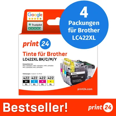 Image de NOUVEAU : print24 Cartouches d'encre pour Brother LC422XL, multipack (BK/C/M/Y), 4 pièces