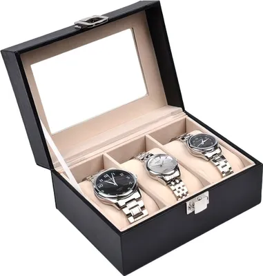 Produktbild von Sinoba Uhrenkoffer Uhrenbox Schaukasten Uhrenkasten Uhrenvitrine für 3 Uhren Leder-Look Echtglas-Fenster