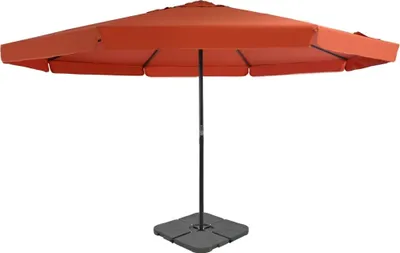 An orange patio umbrella with a gray base, isolated on a white background.