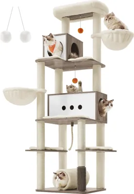 A multi-level cat tree with several cats on different platforms and in cubbies.