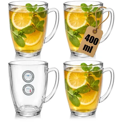 Immagine prodotto di Bicchieri da tè resistenti al calore - Set da 4 - 400 ml - Grande bicchiere - Vetro temperato - Con manico - Durevole e robusto