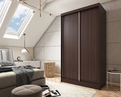 A bedroom with a wardrobe, bed, and skylight.