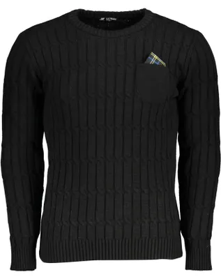 Produktbild von Herren Langarm-Pullover Schwarz mit Zopfmuster und Kontrastdetails