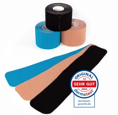 Productafbeelding van axion® Kinesiologie-tape, voorgesneden, mix-set van 3, bevat 20 stuks, 25 x 5 cm - zwart, blauw, beige