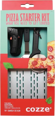 The image shows the retail packaging for a pizza starter kit, featuring the box with product images and text.