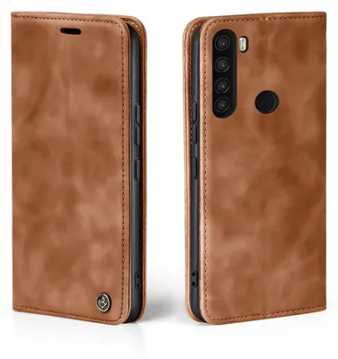 A brown leather flip case for a smartphone, shown from the front and back.