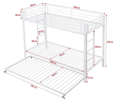 Zdjęcie produktu dla Łóżko piętrowe dla dzieci - rama metalowa - wysuwane łóżko dla gości - powierzchnie do spania: 140 x 200 cm i 90 x 200 cm - barierki ochronne - kolor biały - bez materacy
