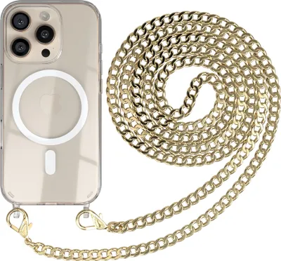 Produktbild von EAZY CASE Handykette kompatibel mit Apple iPhone 16 Pro, Kette zum Umhängen aus Metall, Silikonhülle mit Band, stoßfest, mit MagSafe in Gold