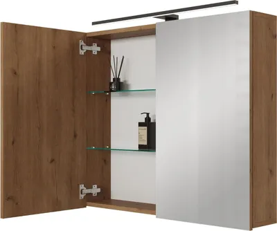 Produktbild von Planetmöbel ARIA Spiegelschrank für das Bad 80 cm mit Beleuchtung  und Steckdose Gold Eiche