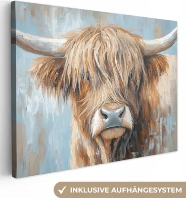 Produktbild von Wanddeko 80x60 cm - Schottisches Hochlandrind - Tiere - Kuh - Straßenkunst, Deko Wohnzimmer, Leinwand Bilder