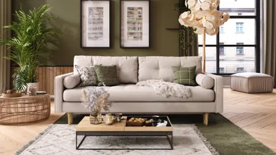 Produktbild von Esme II 3-Sitzer-Sofa mit Schlaffunktion, Massivholzkonstruktion, skandinavischer Stil, gestepptes Sitzkissen, Hohe Beine aus Eichenholz, gewachst, Grande 03 Beige