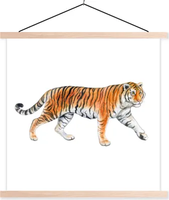Produktbild von MuchoWow® Textilposter Tiger - Orange - Schwarz 120x120 cm mit holzfarbenen Rahmen - Textil-Poster