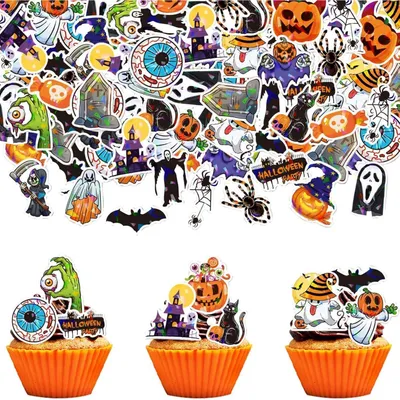 Productafbeelding van Eetbare taartdecoratie Halloween, 60 stuks, wafelpapier, pompoen- en vleermuisvormen, cupcake-decoraties