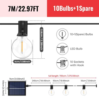 Image de Guirlande lumineuse LED G40 - Solaire - Lumière blanche chaude - 7 mètres avec 11 ampoules - Télécommande - 8 modes clignotants - Intensité réglable