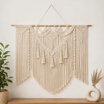 Imagen del producto de Tapiz de pared de macramé, grande, estilo bohemio, tejido en algodón, decoración