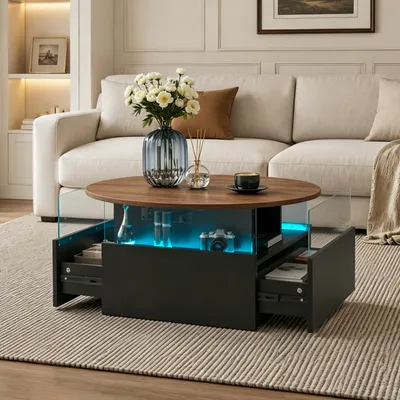 Produktbild von Radelldar Runder höhenverstellbarer Couchtisch mit LED-Beleuchtung, Stauraum und 2 Schubladen, 78x 78 x 40 cm, Schwarz+Braun
