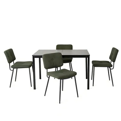 Productafbeelding van Meubles Cosy set bestaande uit een uitschuifbare eettafel en 4 stoelen, uitgevoerd in zwart en met een bekleding van groene stof, in Scandinavische stijl