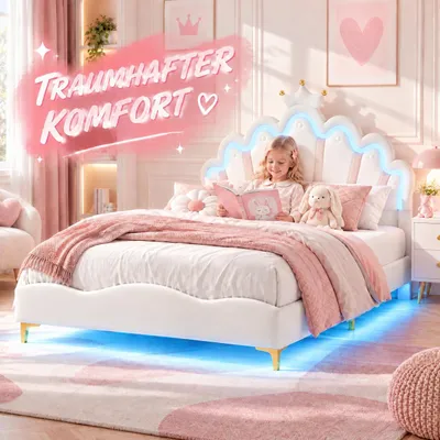 Image de Lit bébé INONEFT, modèle matelas 90x200 cm, lit simple design princesse avec éclairage LED, lit pour adolescents pour filles avec repose-tête réglable, design couronne, couleur blanche en PU