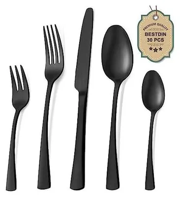 Produktbild von Bestdin Besteck Set 6 Personen, 30 teilig Edelstahl Besteckset Schwarz Matt, Essbesteck Set mit Messer Gabel Löffel, Hochwertiges Edelstahlbesteck, Spülmaschinenfest